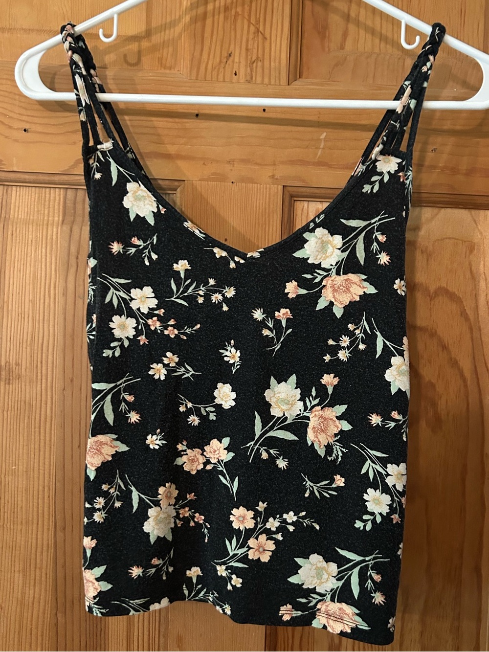 Black Floral Spaghetti-Strap Camisole with Peach & Cream Blooms